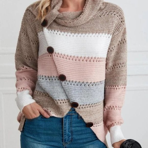 Casually Comfy Color Block button detail Cowl neckline Knit Sweater Top - Picture 1 of 6
